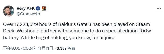 《博德之门3》Steam Deck游玩数据截图，显示总游戏时长突破1700万小时