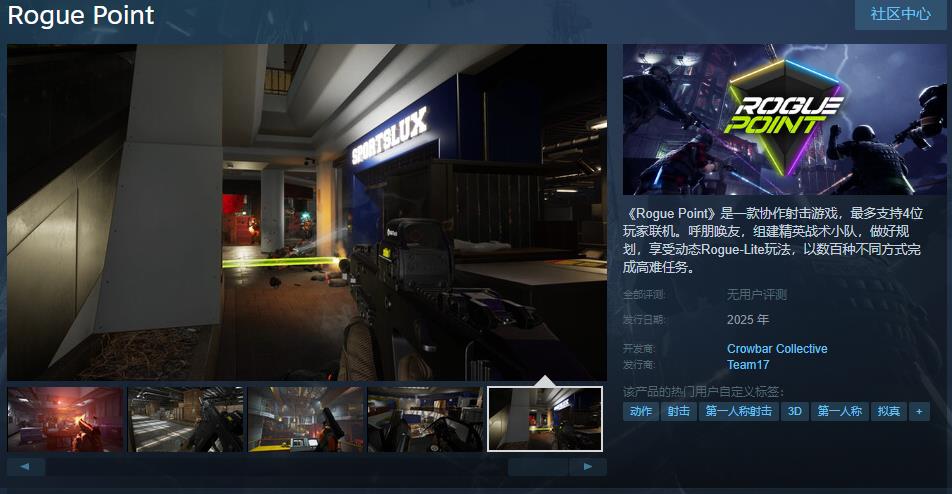《Rogue Point》Steam商店页面首张宣传图，展示黑暗都市战场中的四人战术小队持枪潜行，背景爆炸火光四起，充满紧张氛围