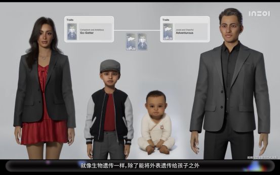 《inZOI》基因系统界面，展示父母与子女外貌及性格遗传对比