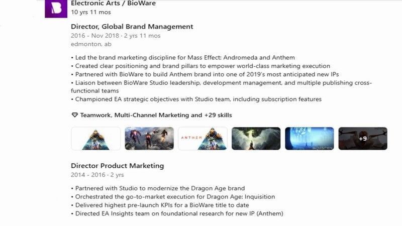 前EA市场总监Jarrett Lee的领英资料截图，高亮显示其提及《质量效应》销量超2500万的文字内容