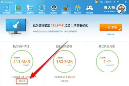 硬件清理模块展开，显示‘物理内存优化’等可操作选项，界面清晰明了