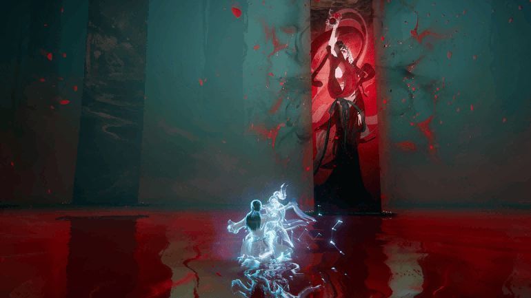 主角与画中仙对战，画面融合传统戏曲与水墨元素