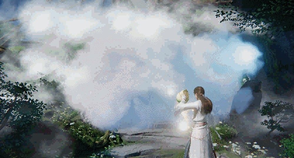 玩家施展吸云术，白雾被吸入法宝，隐藏路径逐渐显现