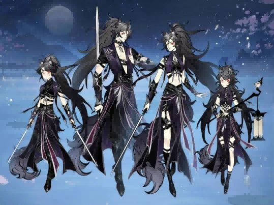 限定时装‘夜魇孤影’展示图，角色身穿暗纹长袍，身后浮现巨大狼形灵影，周身紫焰升腾