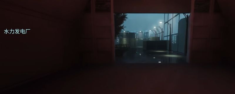 《非生物因素》水力发电厂门口场景，卡恩博士站在锈迹斑斑的金属门前，背景为巨大的水轮机结构与闪烁的红色警示灯