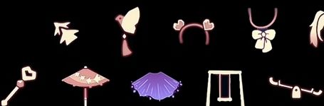 返场物品展示图，排列整齐的飞鸟系列饰品与摆件，散发柔和蓝光，背景为星空庭院，氛围静谧