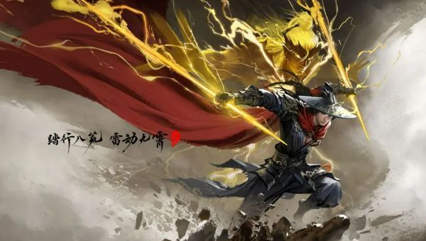 双戟武器展示图，两柄短戟交叉置于石台，周围环绕战斗残影与能量光效