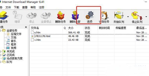 IDM主界面展示，顶部工具栏清晰可见‘选项’按钮被选中状态
