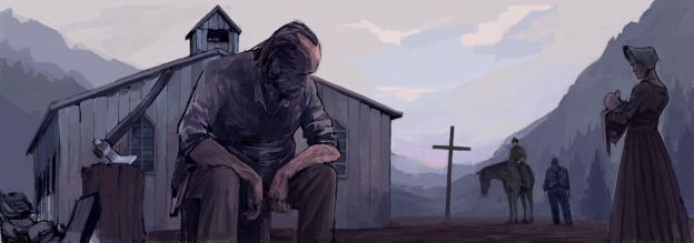 《Noir Western》角色设定图，展示主角警长身穿旧式风衣，手持左轮手枪，面部刻画细腻，眼神坚毅