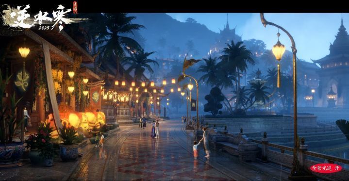 游戏内雪山场景实拍，晨光洒在雪地上泛起金光，远处山峰巍峨，近处松林覆盖白雪，画面极具电影质感