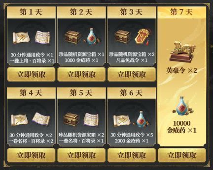 签到奖励日历界面，展示每日可领取的资源与道具