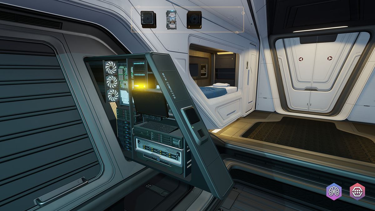 游戏UI界面展示，包含‘检查’‘解决’‘发现’‘连接’四个交互按钮，设计简洁科幻