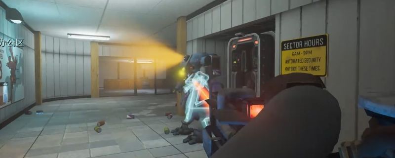 《非生物因素》游戏中玩家手持红色激光炮进行射击，红色光束击中敌人并产生爆炸特效