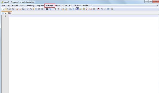 Notepad++顶部菜单栏展示，Settings选项被选中，界面为英文状态