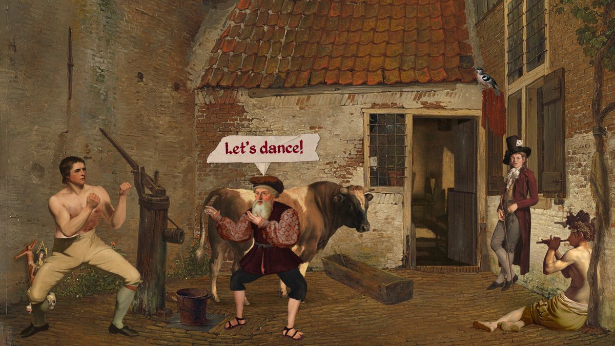 玩家角色在树林中与神秘女子对话，周围环境充满油画质感与诡异氛围