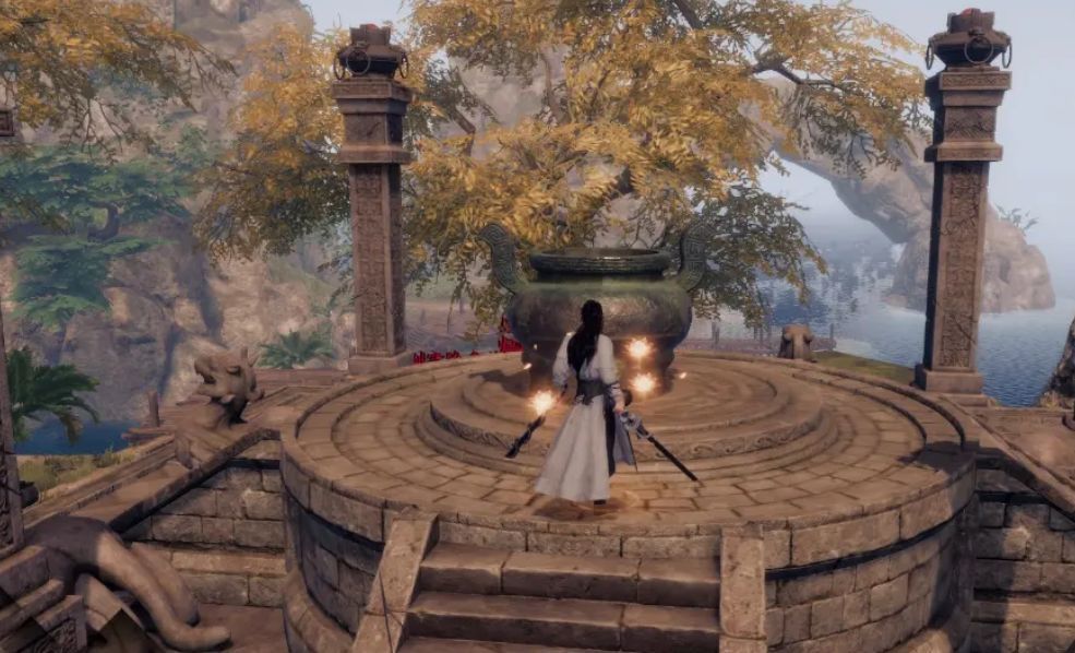 降龙领域释放瞬间，金色龙形气劲爆发，敌人被击飞并陷入灼烧状态，队友身上浮现增益光效