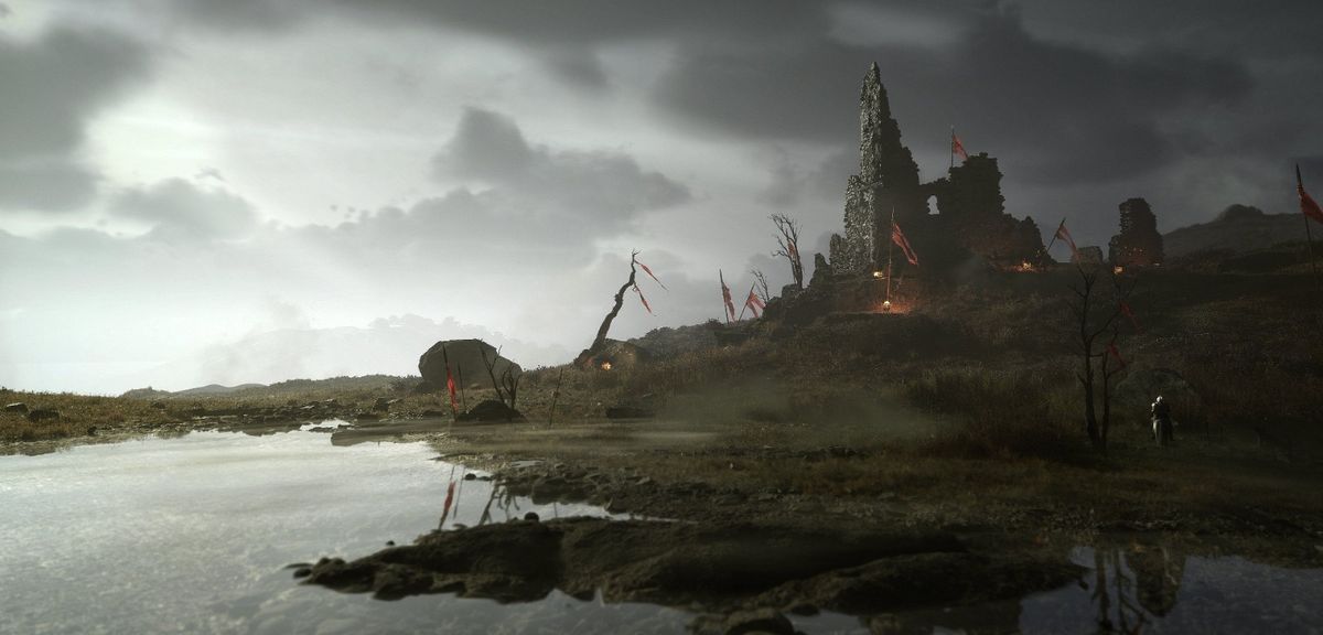 一片被迷雾笼罩的古老森林，树木扭曲如鬼影，地面上散落着残破盔甲与武器