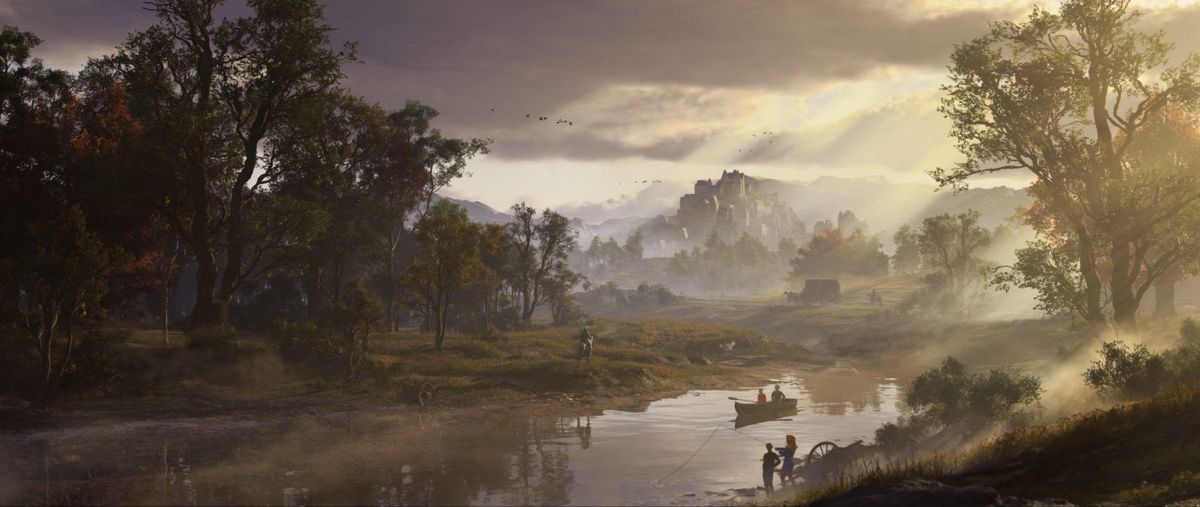 一名黑袍法师站在高塔顶端，手中法杖释放出紫色能量漩涡