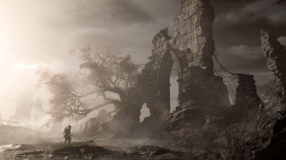 风暴中的废墟平原，闪电划破天际，远处有巨型生物骨架