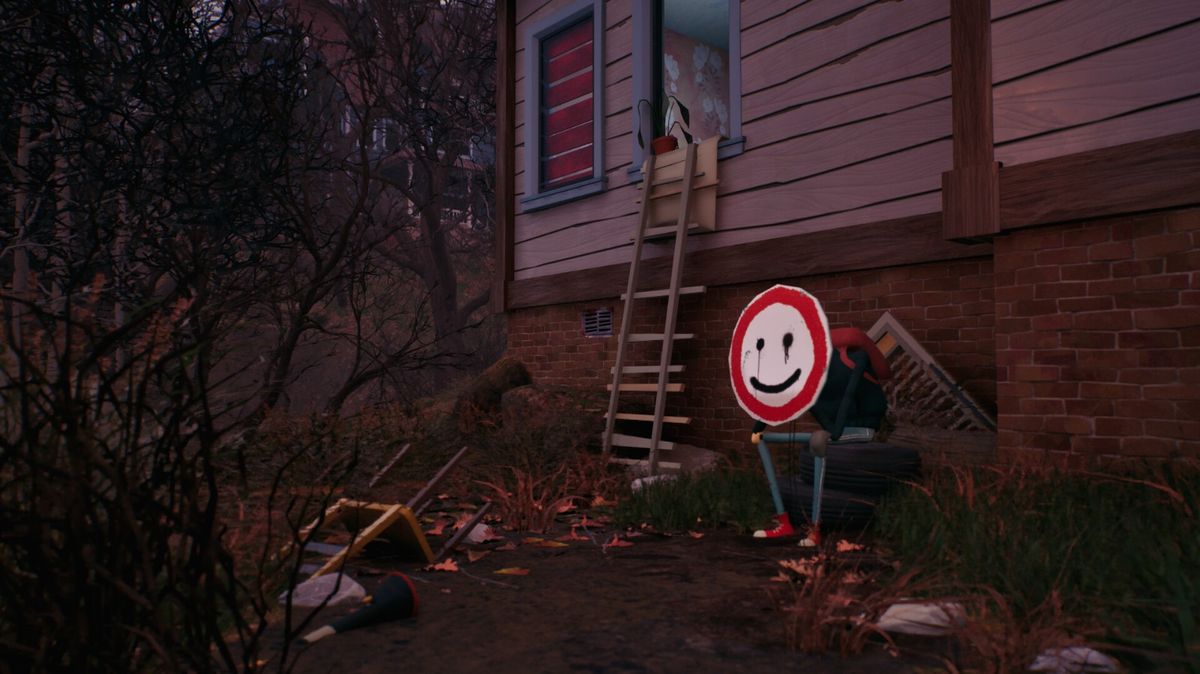 游戏中一处昏暗室内场景，家具凌乱，墙上贴满神秘符号与剪报