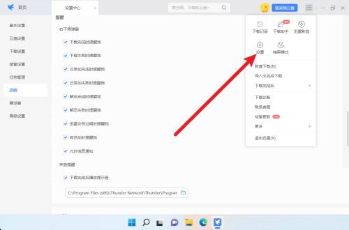 迅雷设置菜单选项界面，底部“设置”按钮被高亮显示