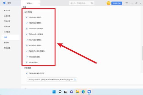 迅雷提醒设置页面，右下角弹窗选项区域清晰可见，多个提醒复选框已勾选