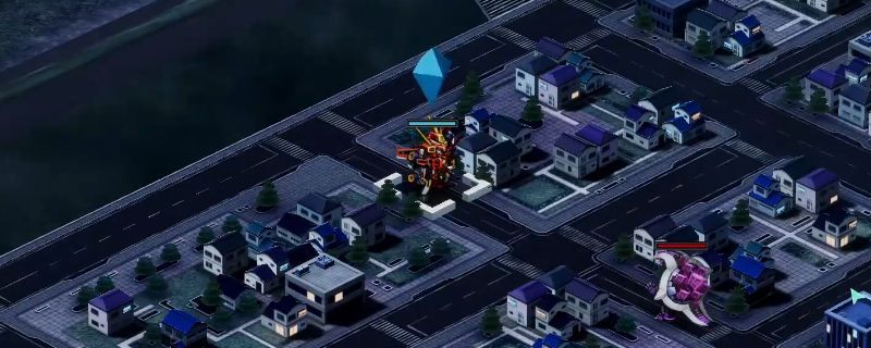 《超级机器人大战Y》怪兽操控者与龙关卡战斗画面，敌方巨型怪兽与龙型机体在城市废墟中对峙，战场硝烟弥漫，我方机甲部队正进行战术包围