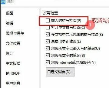 拼写检查设置项中，输入时拼写检查选项被取消勾选