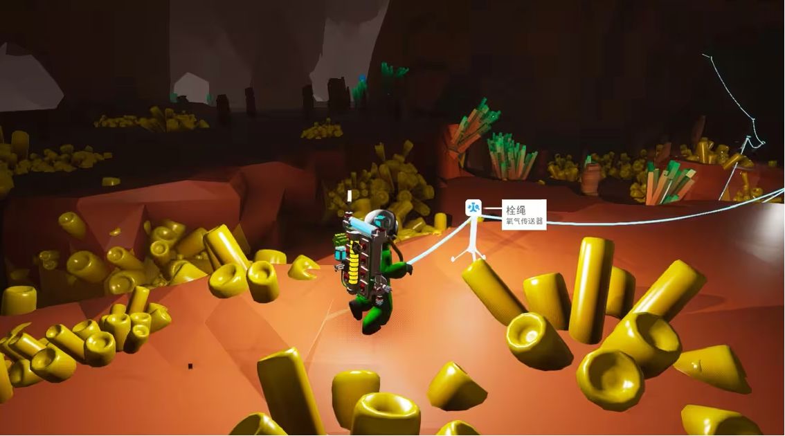 地下矿洞内景，墙壁上密集分布着绿色的孔雀石矿脉，玩家使用钻头进行开采