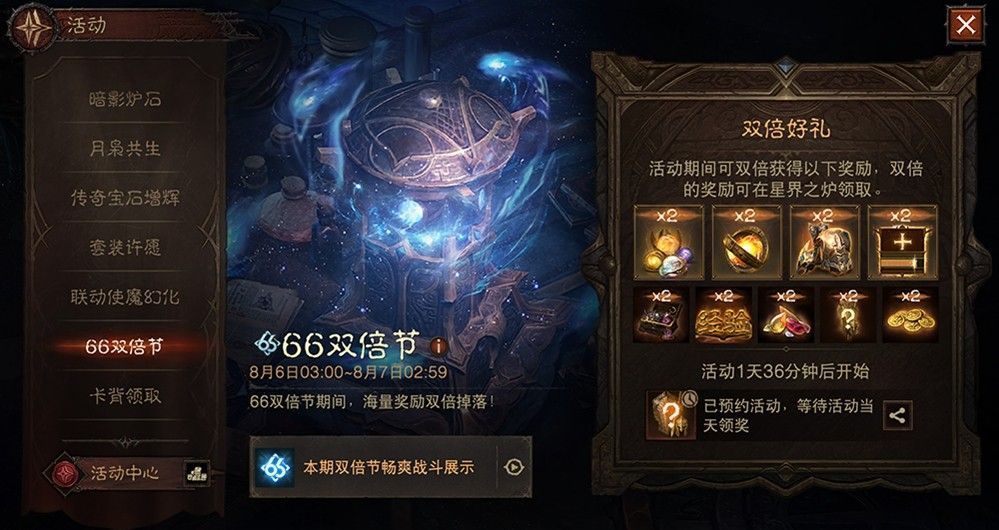 游戏内双倍掉落界面展示，列表清晰标注各项资源双倍状态，包括传奇装备、经验、金币等