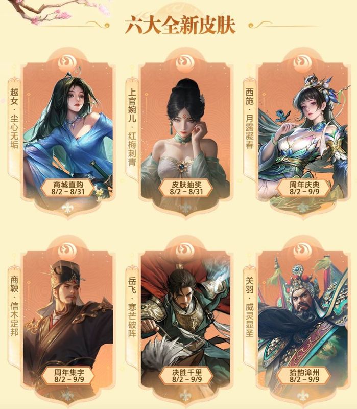 六大新皮肤角色展示图拼接，每位英雄服饰细节精致，光影特效华丽，极具视觉冲击力