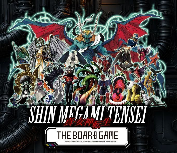 《真女神转生》桌游概念图，展示游戏版图与恶魔手办排列的精致布局