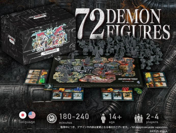 桌游开箱预览图，展示多款恶魔手办细节与卡牌设计风格