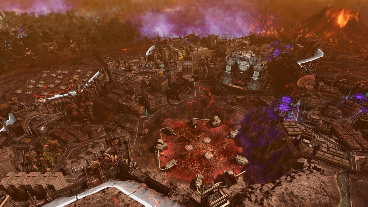 《Zephon》城市建造界面截图，展示玩家在废土上规划基地，建筑错落有致，科技感十足