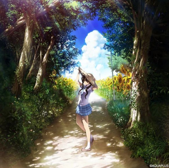 《茉莉花》艺术概念图，一名少女手持草帽站在盛开的向日葵田中，阳光洒落，氛围宁静美好