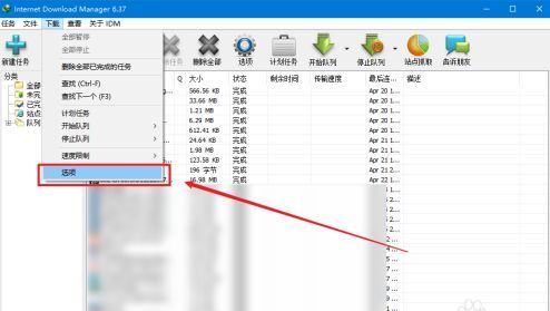 IDM下拉菜单中‘选项’项被选中，准备进入设置界面