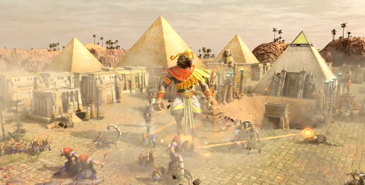 《神话时代：重述版》众神竞技场模式游戏画面，展示英雄在神话战场中与敌方单位激烈交战，背景呈现宏伟神殿与动态天气特效