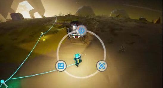 角色正在驾驶悬浮滑板穿越红色荒漠，身后留下滑行轨迹特效