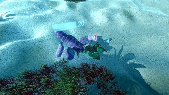 俯视视角下的生态池，多个生物在封闭环境中互动，界面显示各项生命参数