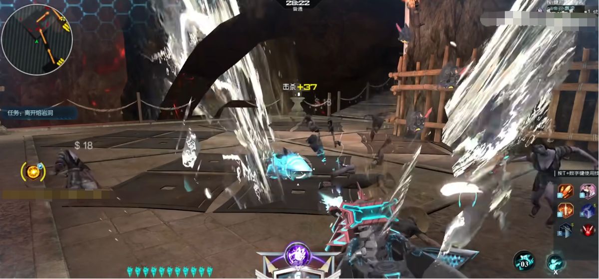 玩家在BOSS战中使用战甲滞空输出，枪口火光四射，屏幕上方显示高额伤害数字