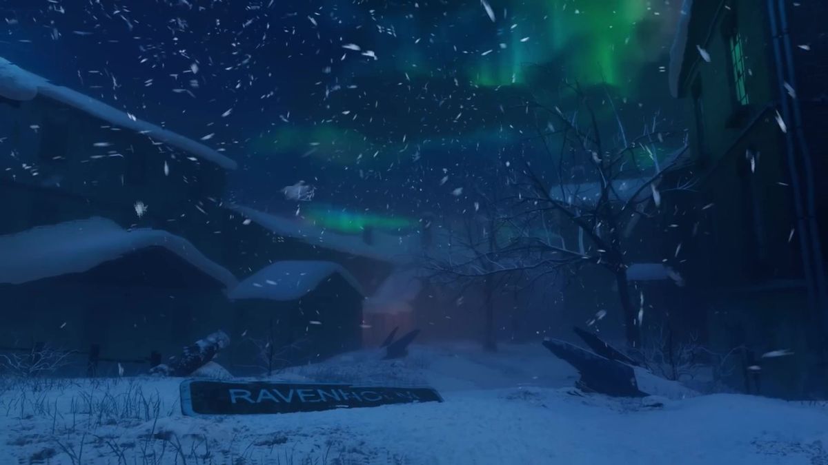 拉文霍姆小镇的废墟场景，雨水滴落，灯光微弱，建筑破损严重，充满末世感