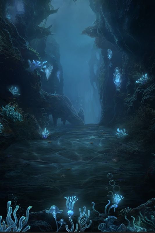 《地下城堡2》新地图「狂流海渊」场景展示，幽暗深海中岩层交错，神秘光纹遍布，营造出压抑而神秘的探险氛围