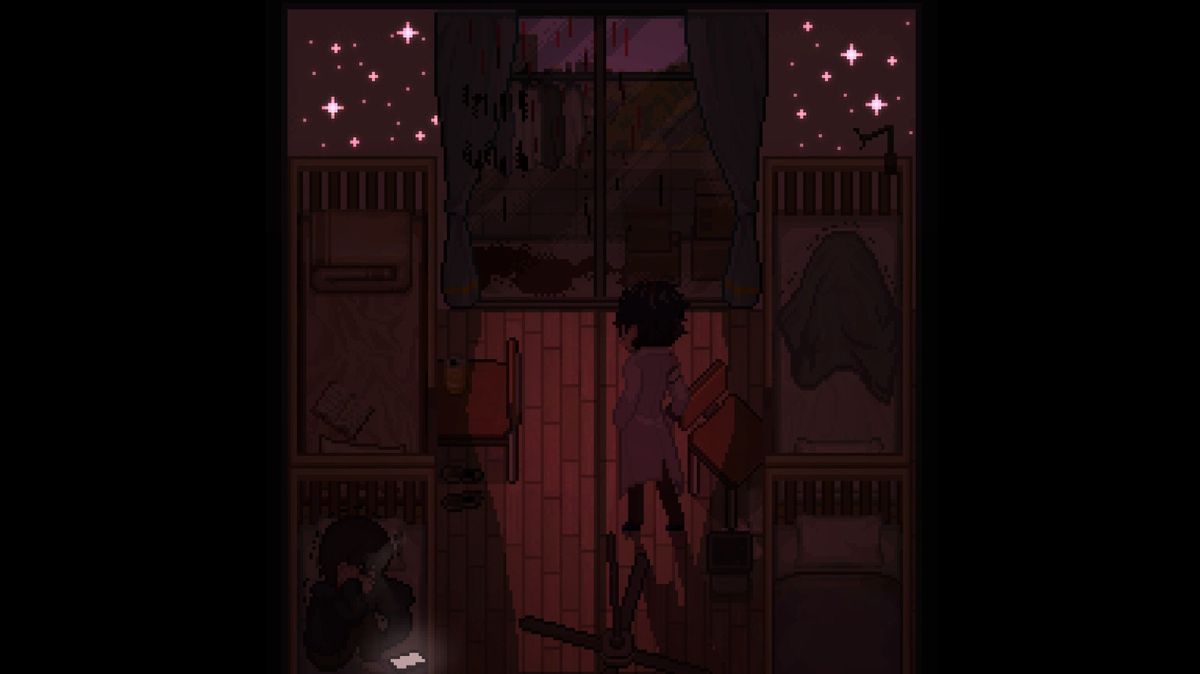 剧情CG画面，主角与多名少女站在巨大陨石碎片前，神情凝重，天空裂开一道紫色缝隙