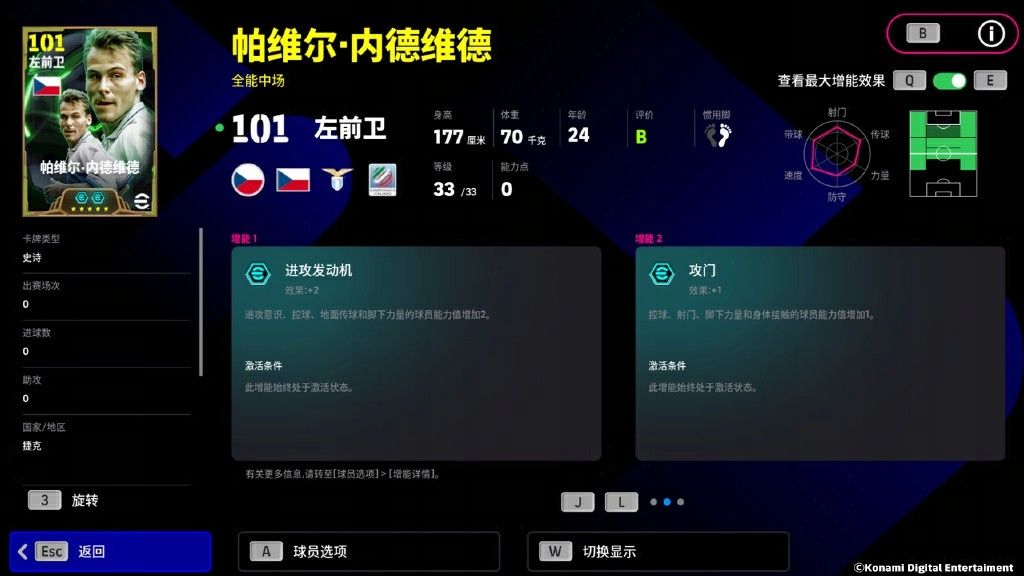 内德维德属性面板特写：进攻发动机+2，体能96，速度90，射门88
