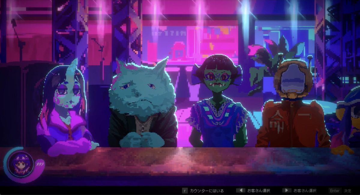 酒吧内部视角，怪物顾客围坐在吧台前，灯光昏黄，气氛神秘