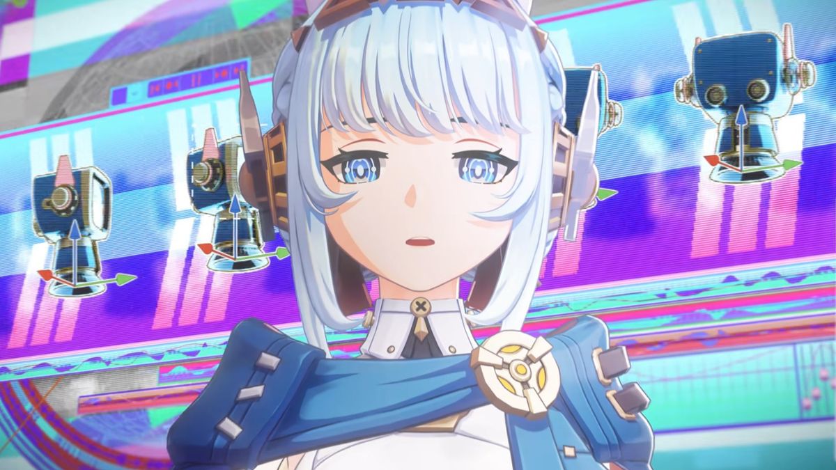 《原神》角色预告截图，伊涅芙悬浮于空中，周身环绕着蓝色电光与机械组件，眼神坚定而自信