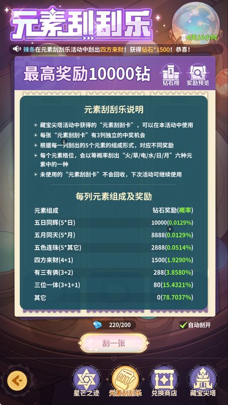 刮奖结果展示界面，显示获得的钻石与道具奖励