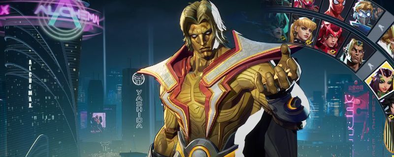 漫威争锋中亚当术士角色立绘展示，身穿金色与紫色战甲，周身环绕能量光环，展现出强大的支援气场