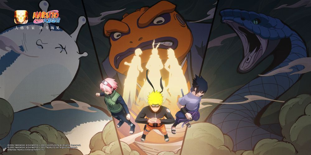 舞台中央正在进行火影忍者手游对战，大屏幕显示激烈战斗画面，观众席掌声雷动