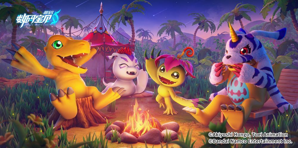 数码宝贝舞台布置充满像素风格元素，背景播放经典进化动画